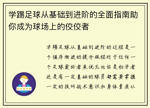 学踢足球从基础到进阶的全面指南助你成为球场上的佼佼者
