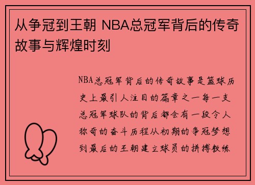 从争冠到王朝 NBA总冠军背后的传奇故事与辉煌时刻